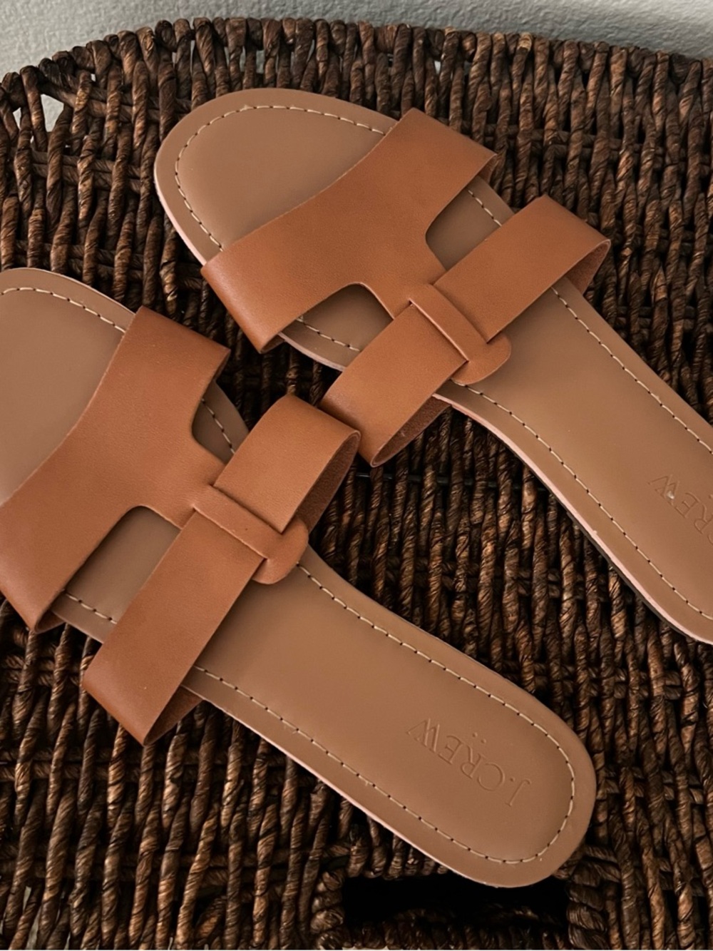 J. Crew Tan Leather Double-Strap Slide Sandals
